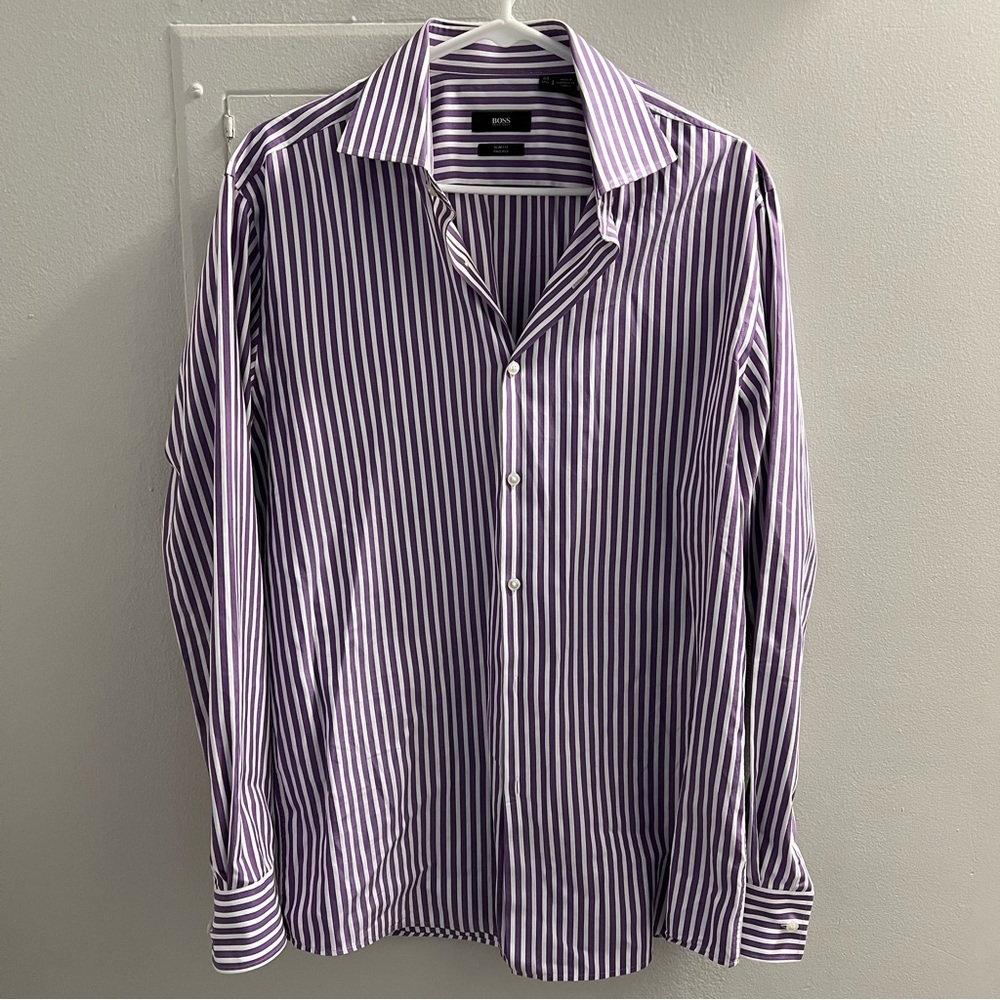Hugo Boss Men's Purple and White Striped Dress Shirt